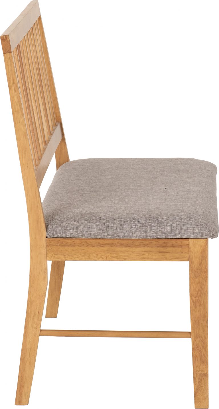 Wooden chair with a gray cushion on a white background
