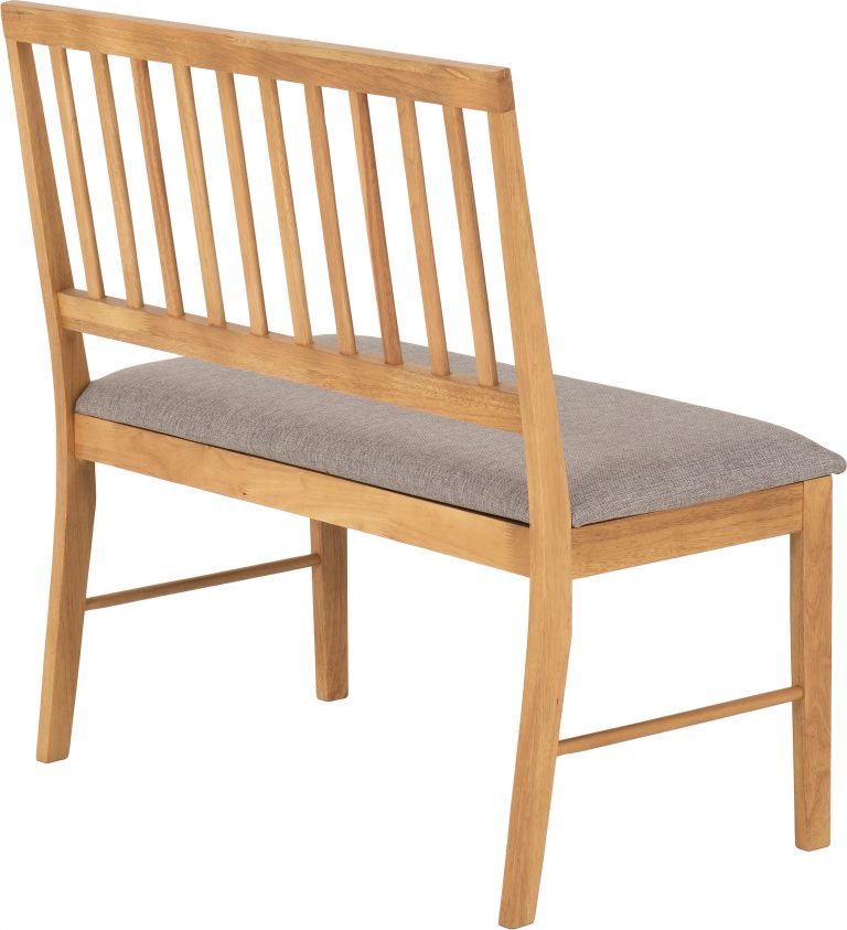 Wooden bench with a gray cushion on a white background