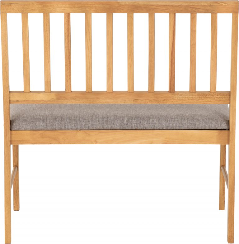 Wooden bench with a gray cushion on a white background