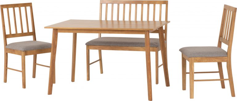 Austin Dining table Set with 2 matching chairs and a bench on a white background