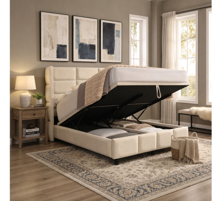 Armagh cream upholstered bed with patterned bedding in a bright neutral bedroom