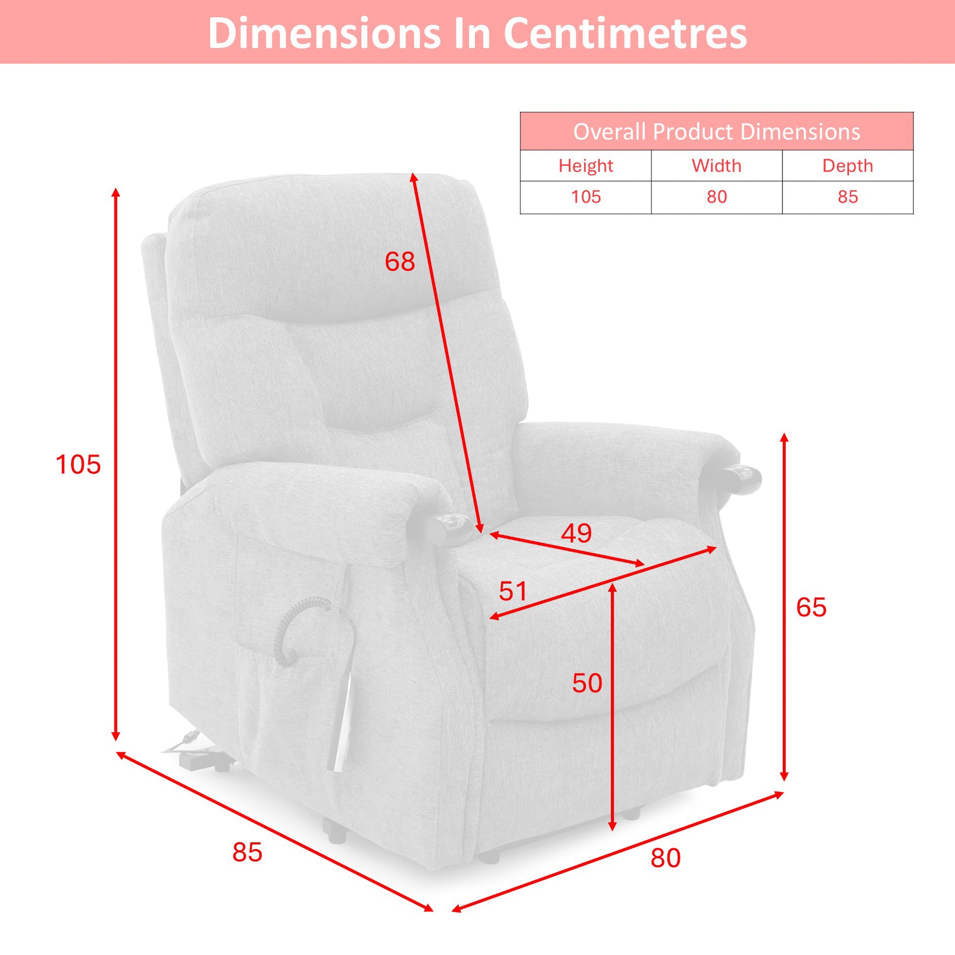 Astoria recliner chair with dimensions marked in centimetres on a white background