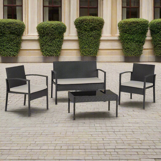 Cedar 4 Piece Garden Set - Black Rattan/Grey Fabric/Black Glass