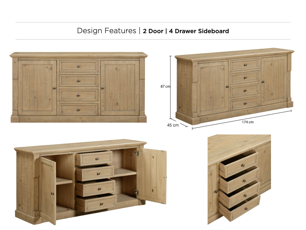 Chateau Rustic Pine Wood 2 Door 4 Drawer Sideboard