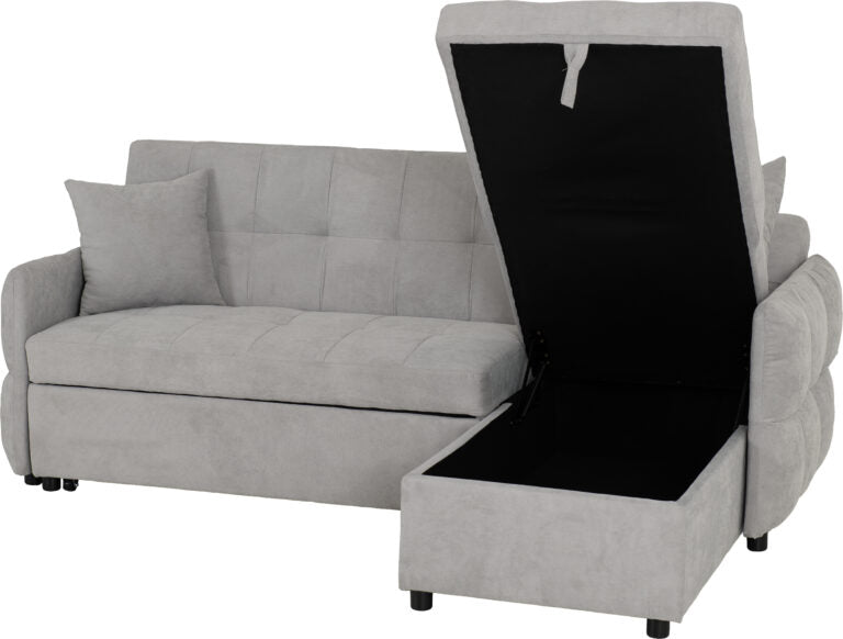 Gray sofa bed with storage seat on a white background