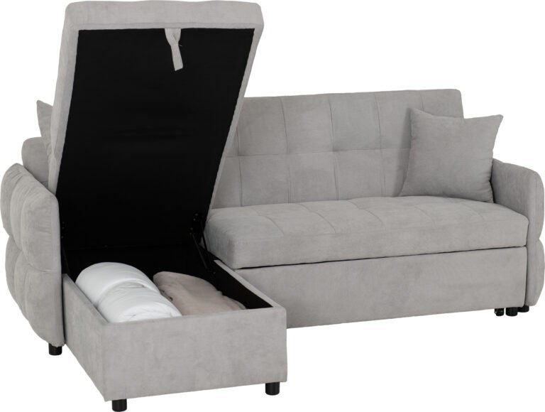 Gray sofa bed with storage compartment open on a white background