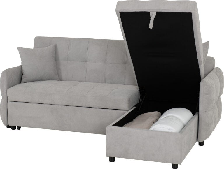 Gray sofa bed with storage compartment open on a white background
