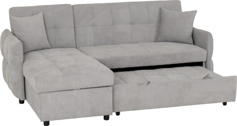 Gray sectional sofa with a pull-out bed on a white background