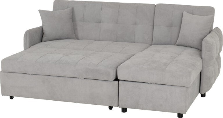 Gray sectional sofa with storage on a white background