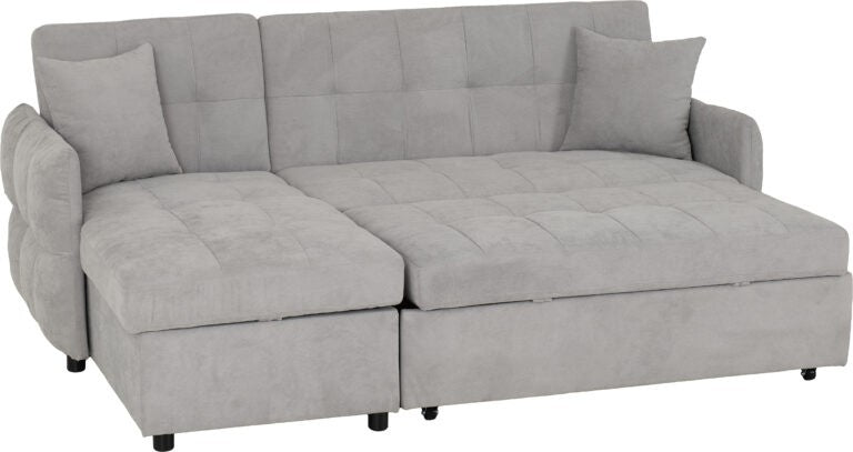 Gray sectional sofa with storage on a white background