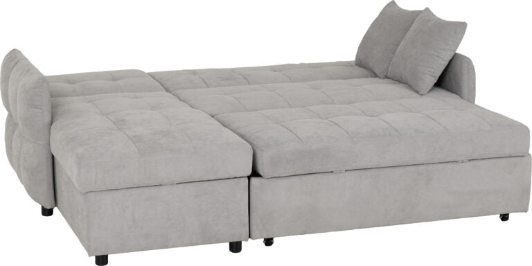 Gray sectional sofa with storage compartments on a white background