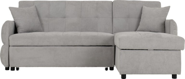 Gray sectional sofa with two cushions on a white background