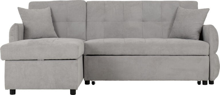 Gray sectional sofa with cushions on a plain background