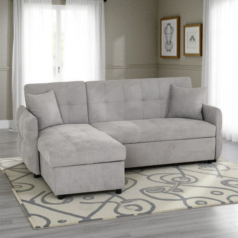 Gray sectional sofa in a living room with a patterned rug and framed pictures on the wall.
