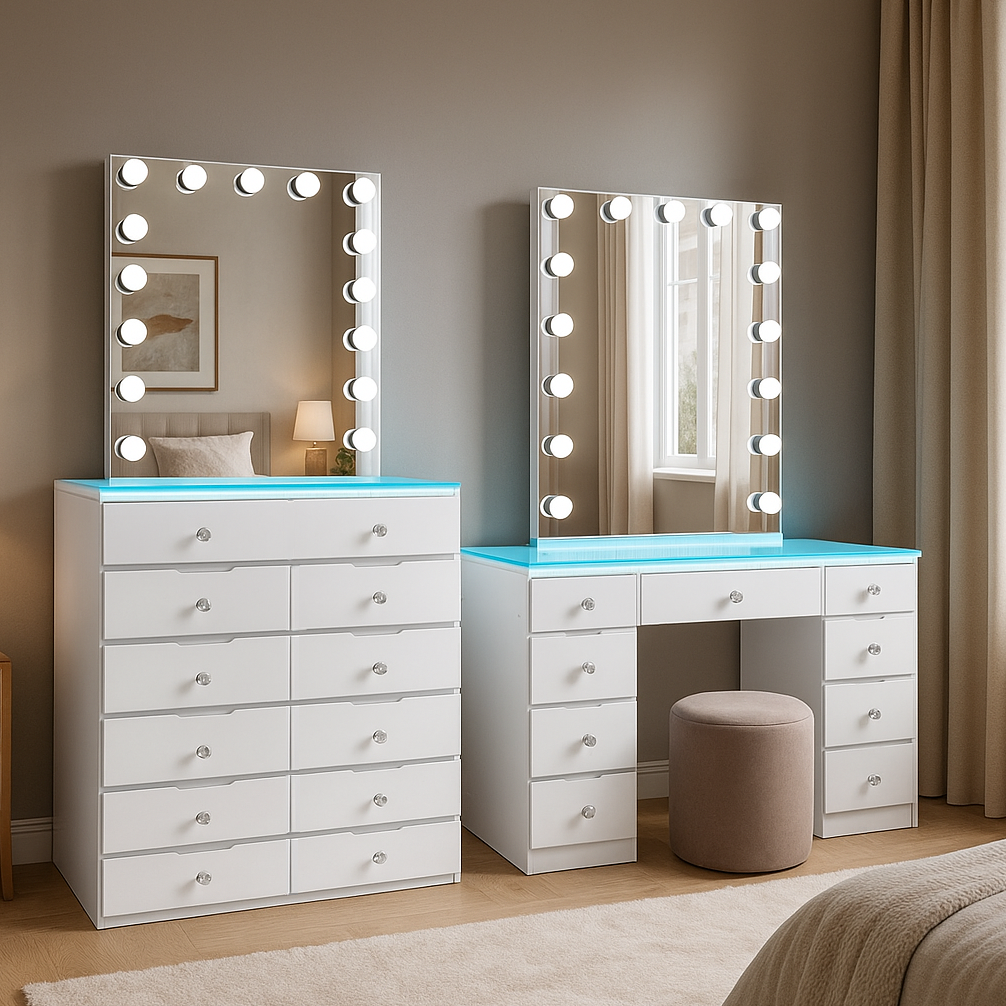 11 Drawer Empire Dresser and 9 Drawer Vanity Table