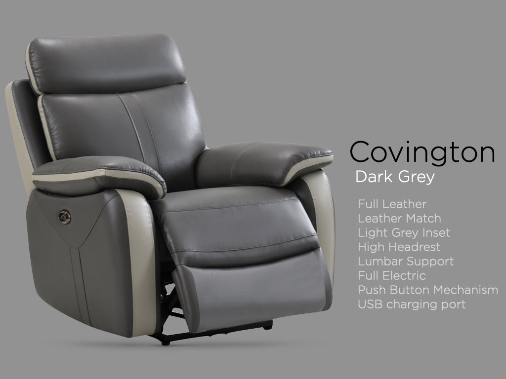 Covington Full Leather Electric Recliner Suite - Dark Grey