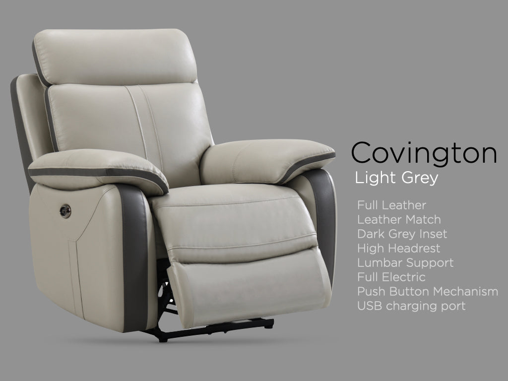 Covington Full Leather Electric Recliner Suite - Light Grey