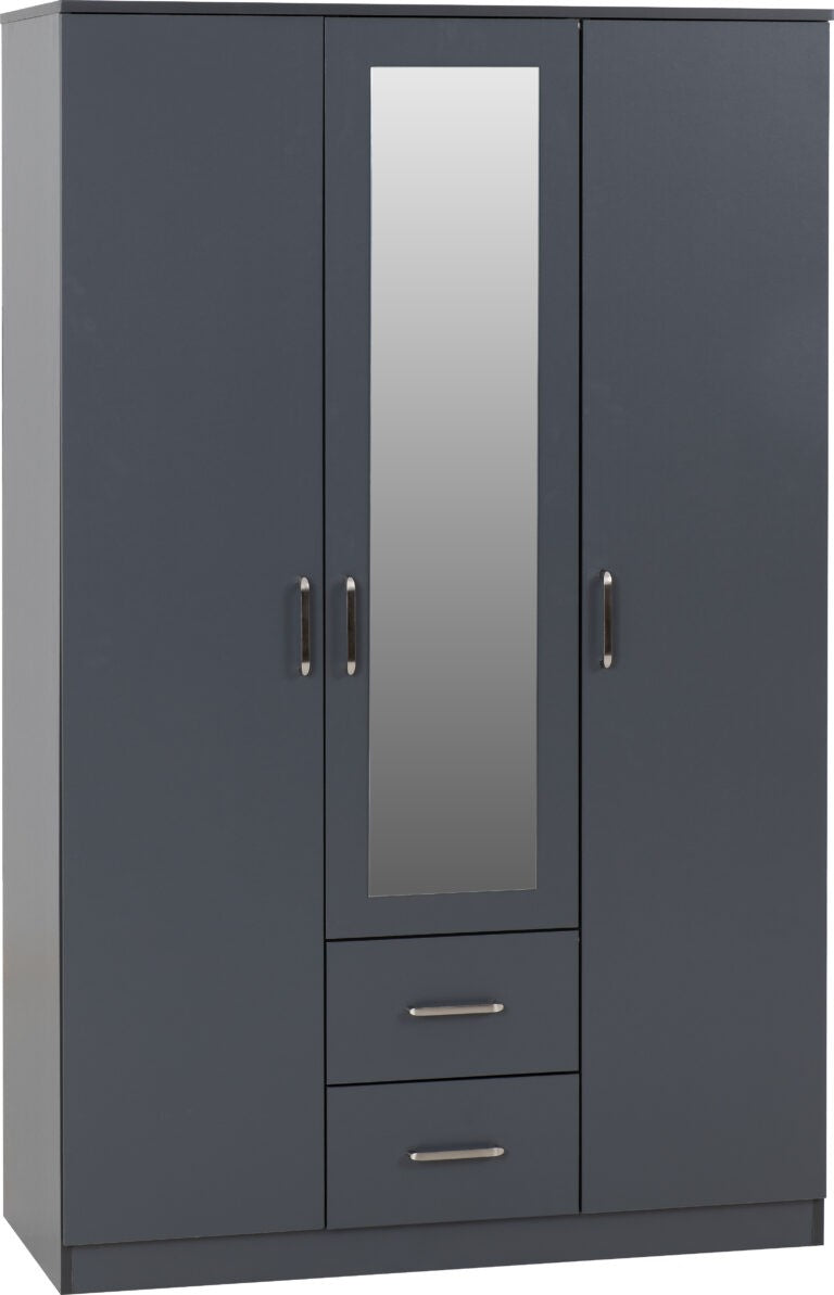 Dakota Grey wardrobe with a mirror door and two drawers on a white background