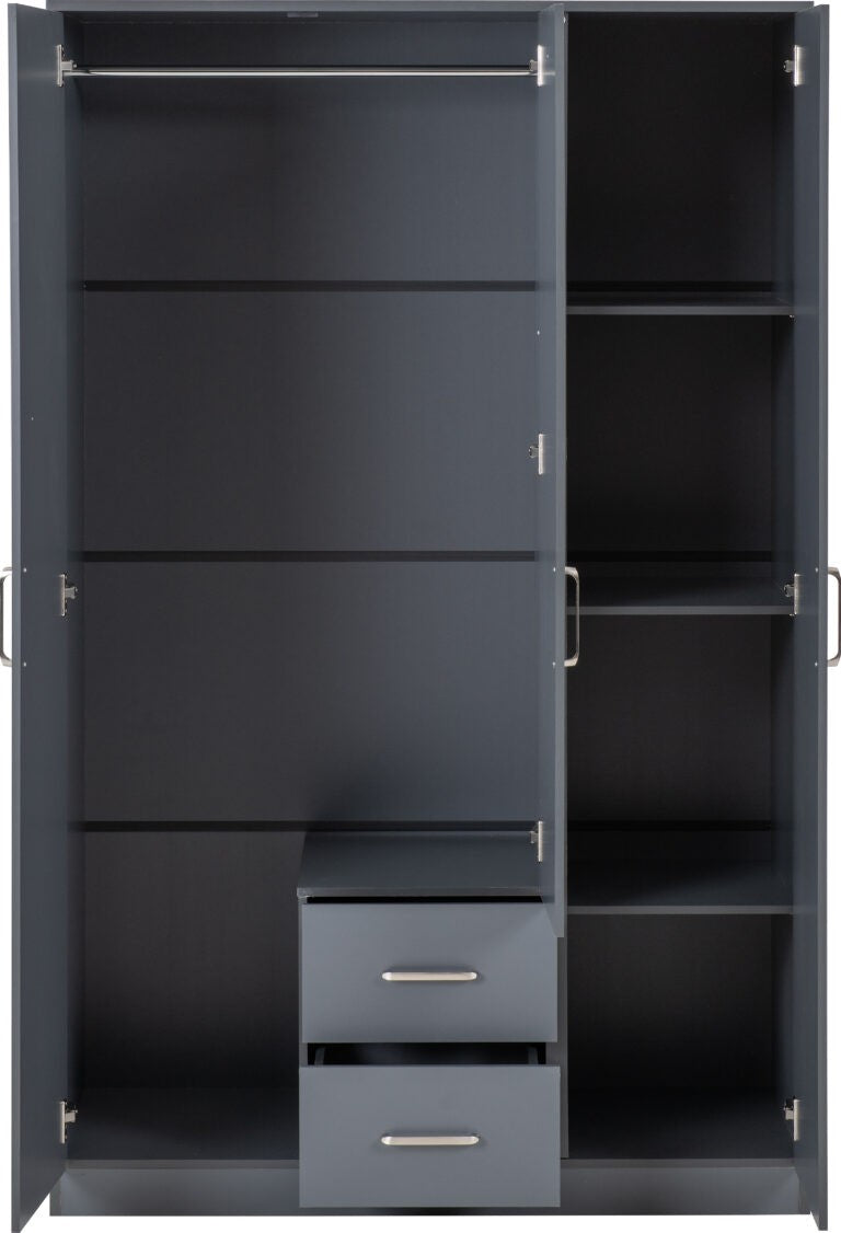 Dakota grey wardrobe with multiple shelves and drawers on a white background