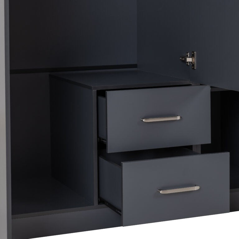 Dakota Dark grey cabinet with two drawers and metallic handles on a white background