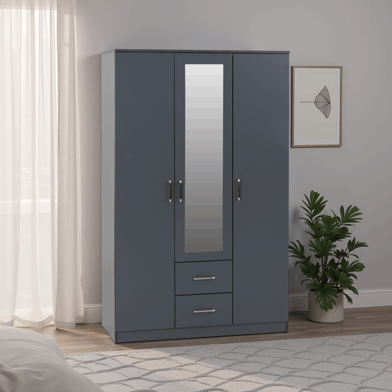 Dakota grey wardrobe with a mirror in a bedroom setting
