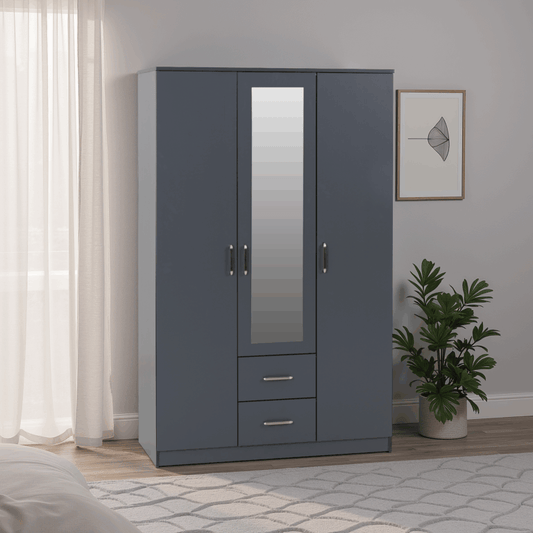 Dakota grey wardrobe with a mirror in a bedroom setting