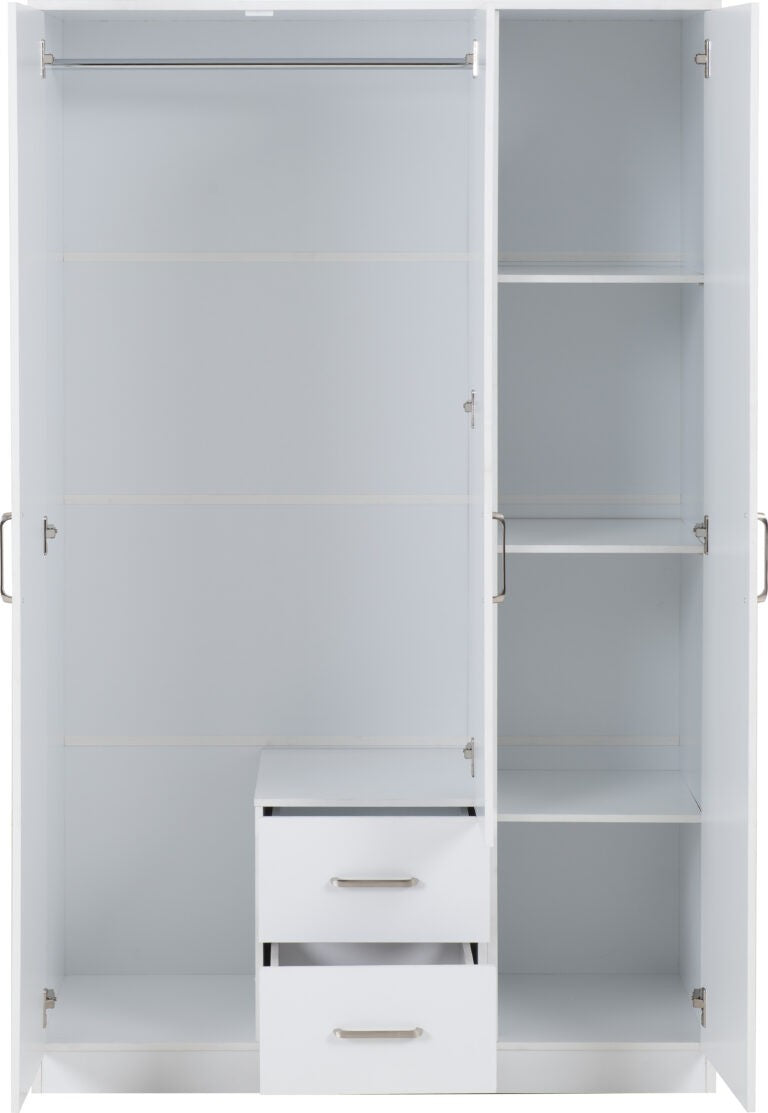 Inside picture of Dakota 3 Door 2 Drawer Mirrored Wardrobe – White