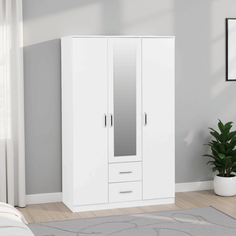 Dakota 3 Door 2 Drawer Mirrored Wardrobe – White