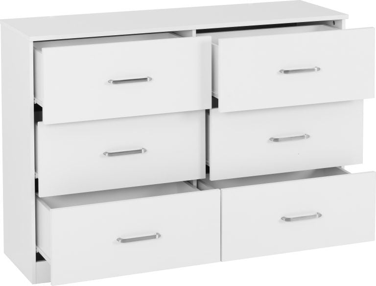 Dakota 6 Drawer Chest White dresser with multiple drawers and silver handles on a white background