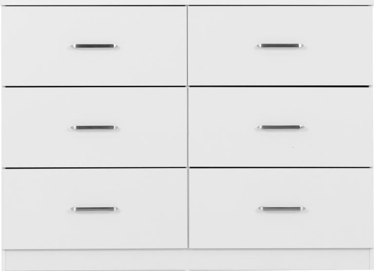 Dakota 6 Drawer white dresser with six drawers and black handles on a white background