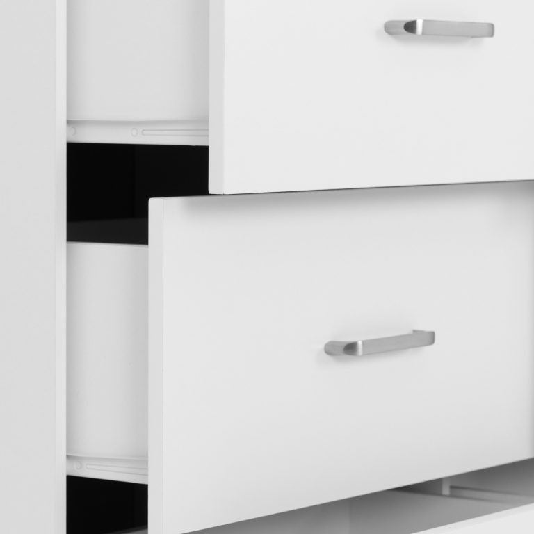 Close-up of Dakota 6 Drawer white chest of drawers with silver handles on a white background