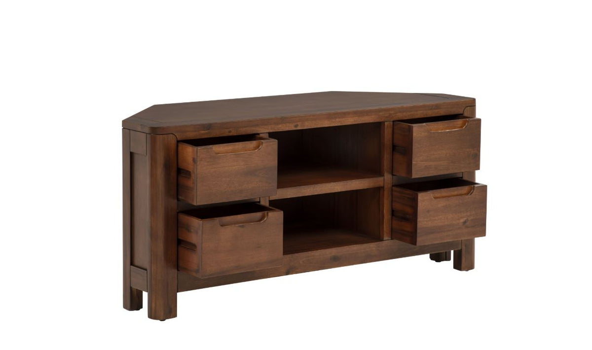 Monterey acacia corner TV unit, open drawers