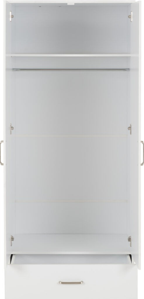Dakota 2 Door 1 Drawer Mirrored Wardrobe – White