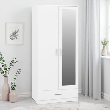 Dakota 2 Door 1 Drawer Mirrored Wardrobe – White
