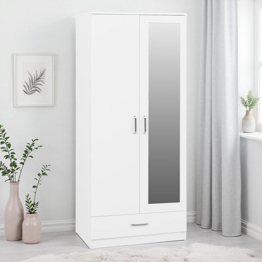 Dakota 2 Door 1 Drawer Mirrored Wardrobe – White