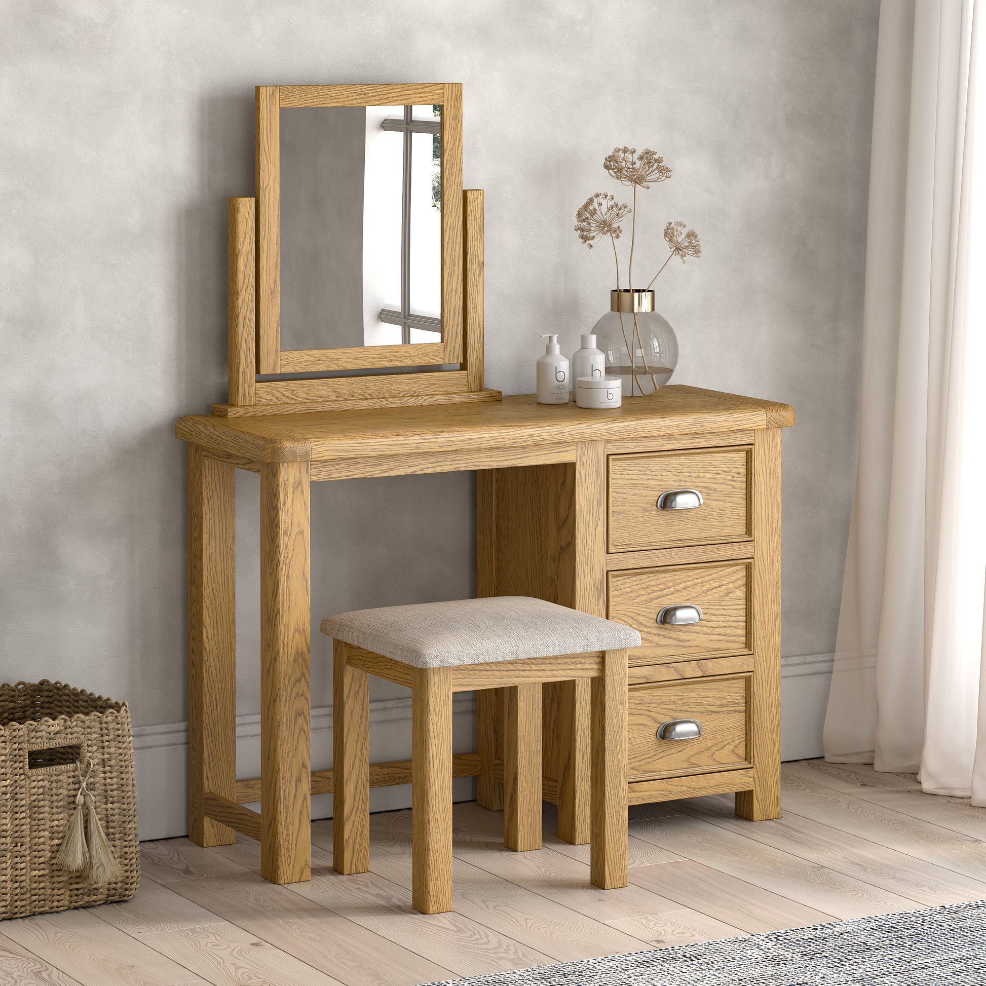Dorchester Oak Dressing Table, Stool & Vanity Mirror