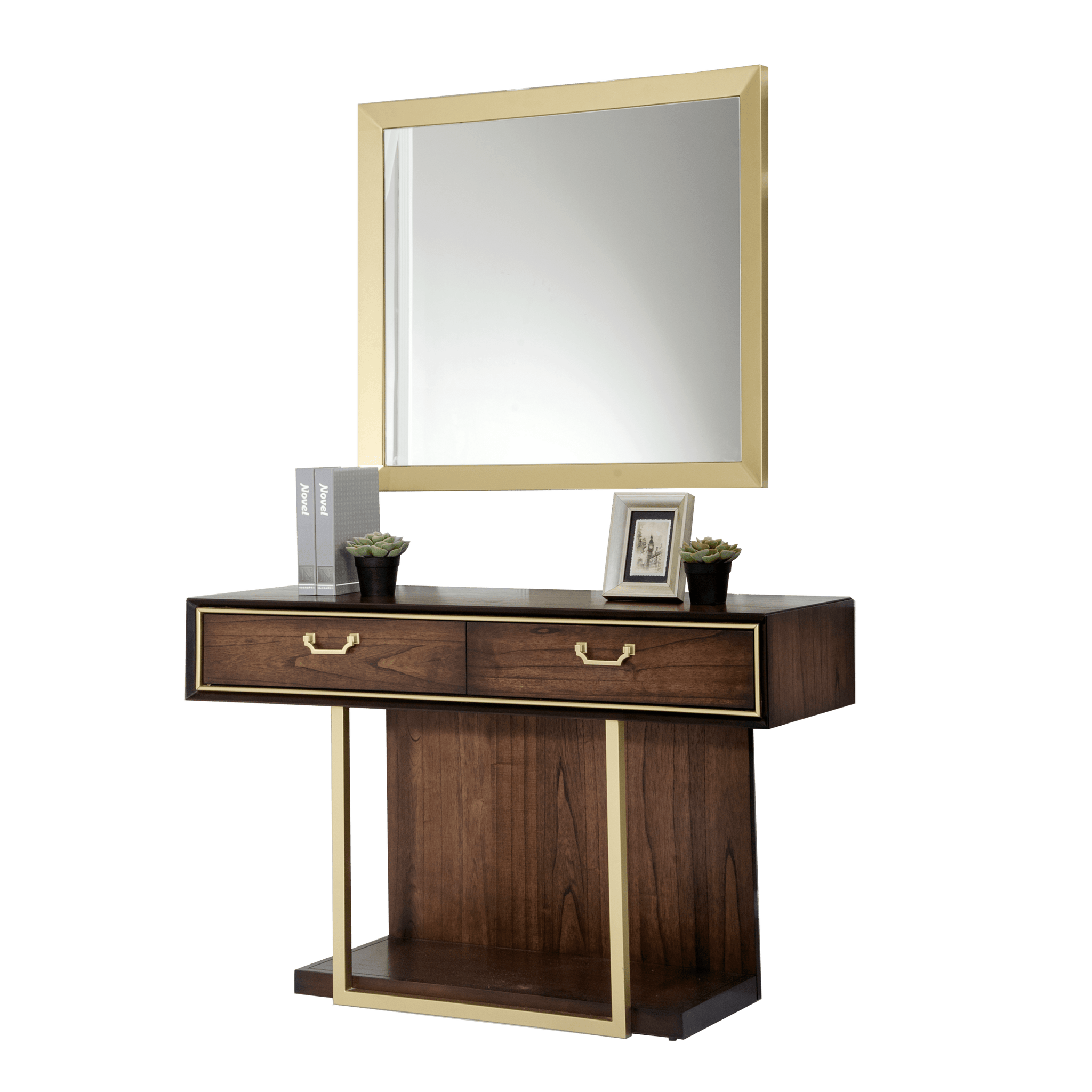 Dubai Dressing Table & Mirror – Walnut Finish with Golden Accents