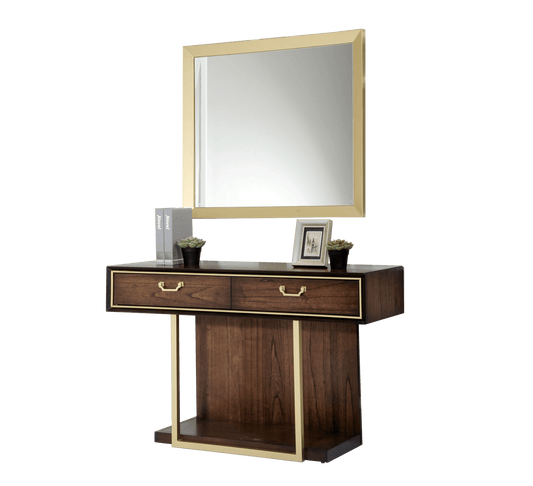 Dubai Dressing Table & Mirror – Walnut Finish with Golden Accents