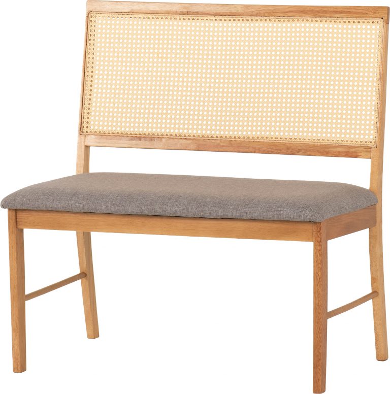 Wooden bench with wicker backrest and gray cushion on a white background