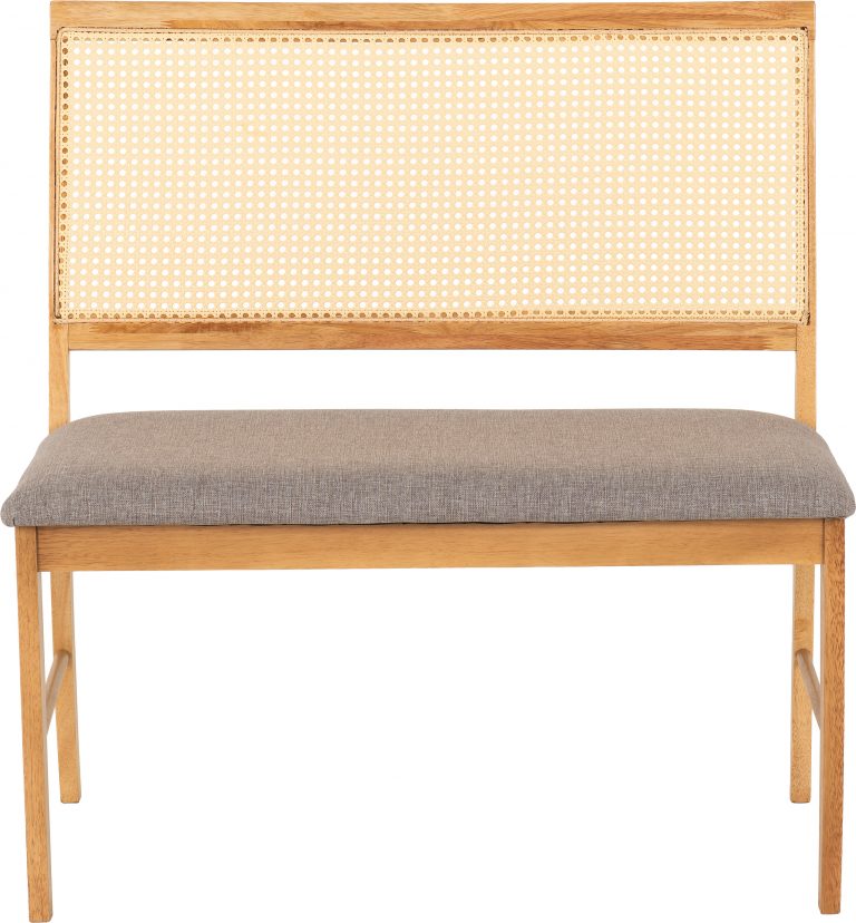 Wooden bench with wicker backrest and gray cushion on a white background