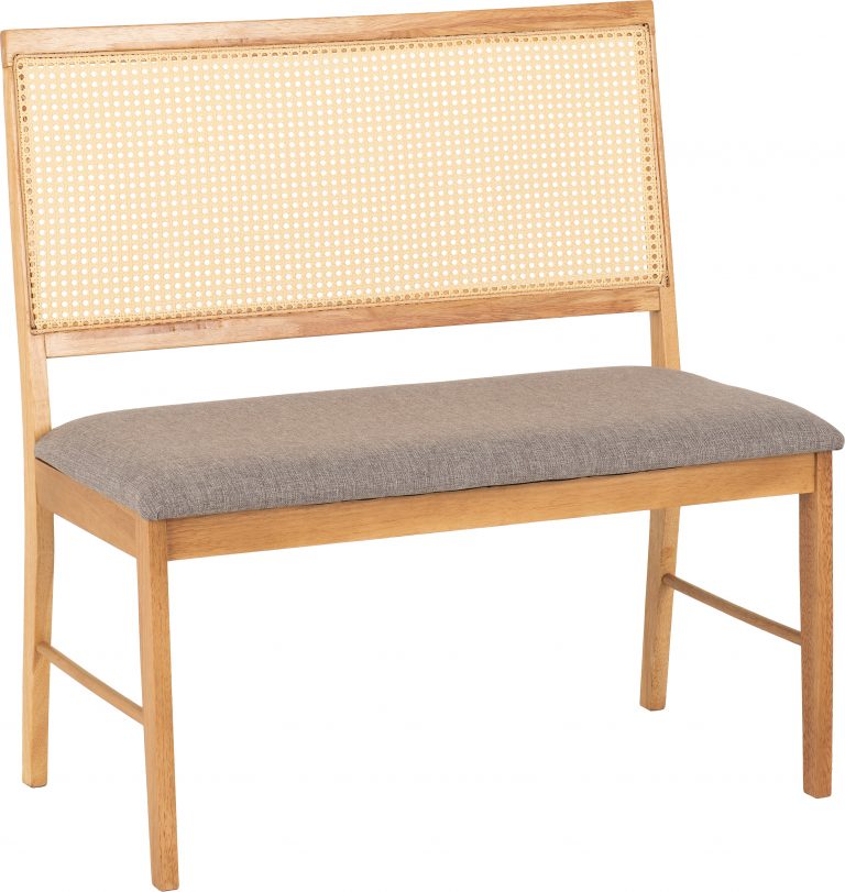 Wooden bench with wicker backrest and gray cushion on a white background