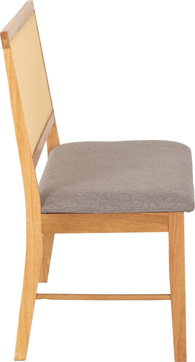Wooden chair with a gray cushion on a white background
