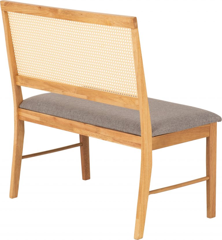 Wooden chair with wicker backrest and gray cushion on a white background