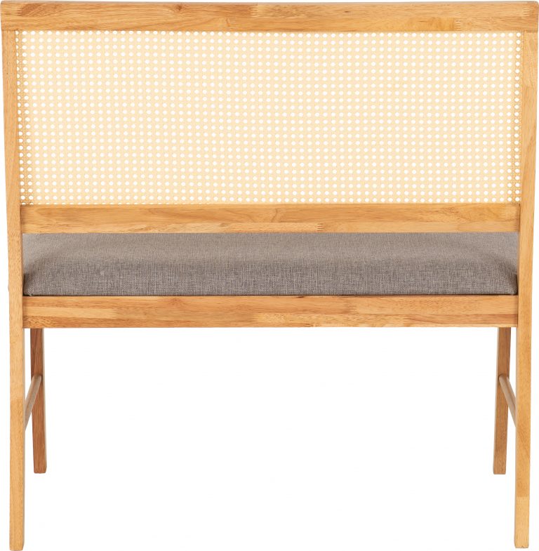 Wooden bench with woven backrest and gray cushion on a white background