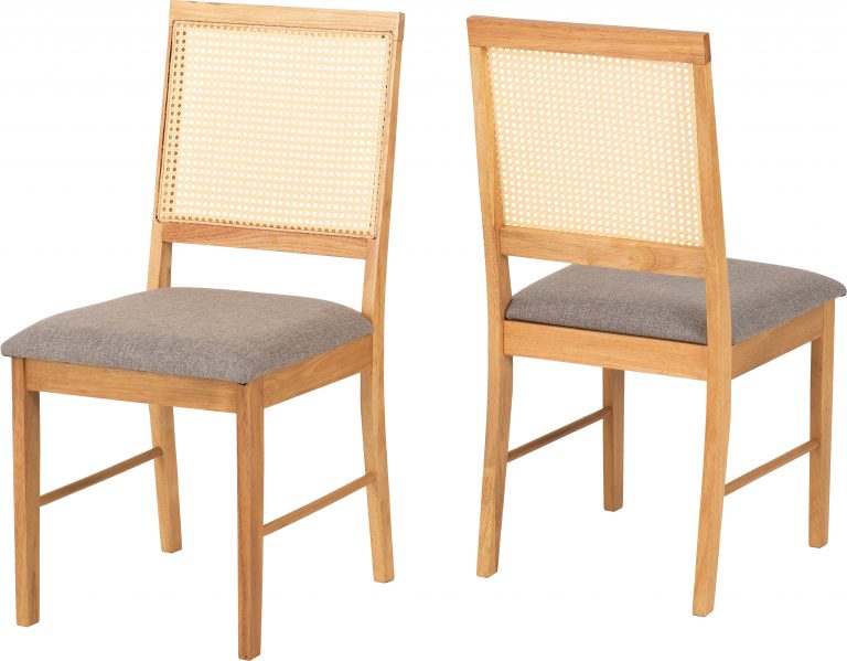 Two Ellis wooden chairs with wicker backrests and gray cushions on a white background