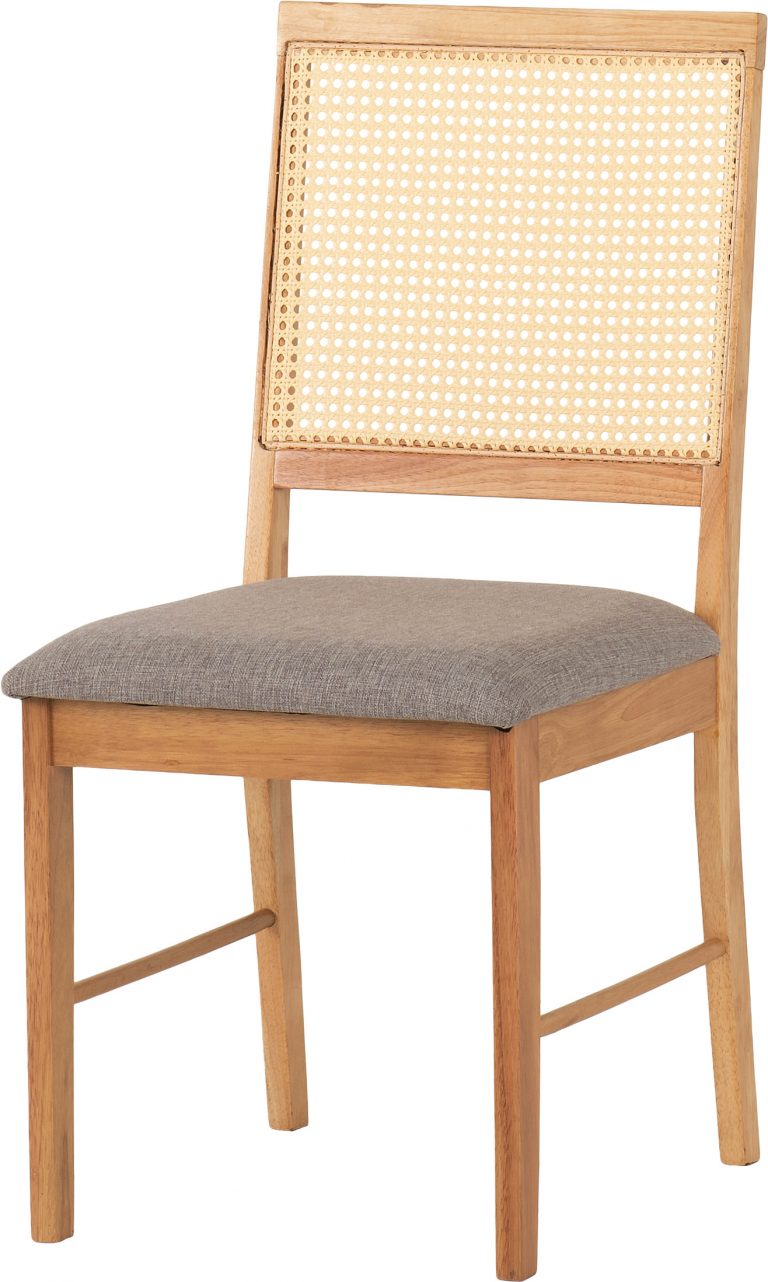 Ellis wooden chair with wicker backrest and gray cushion on a white background