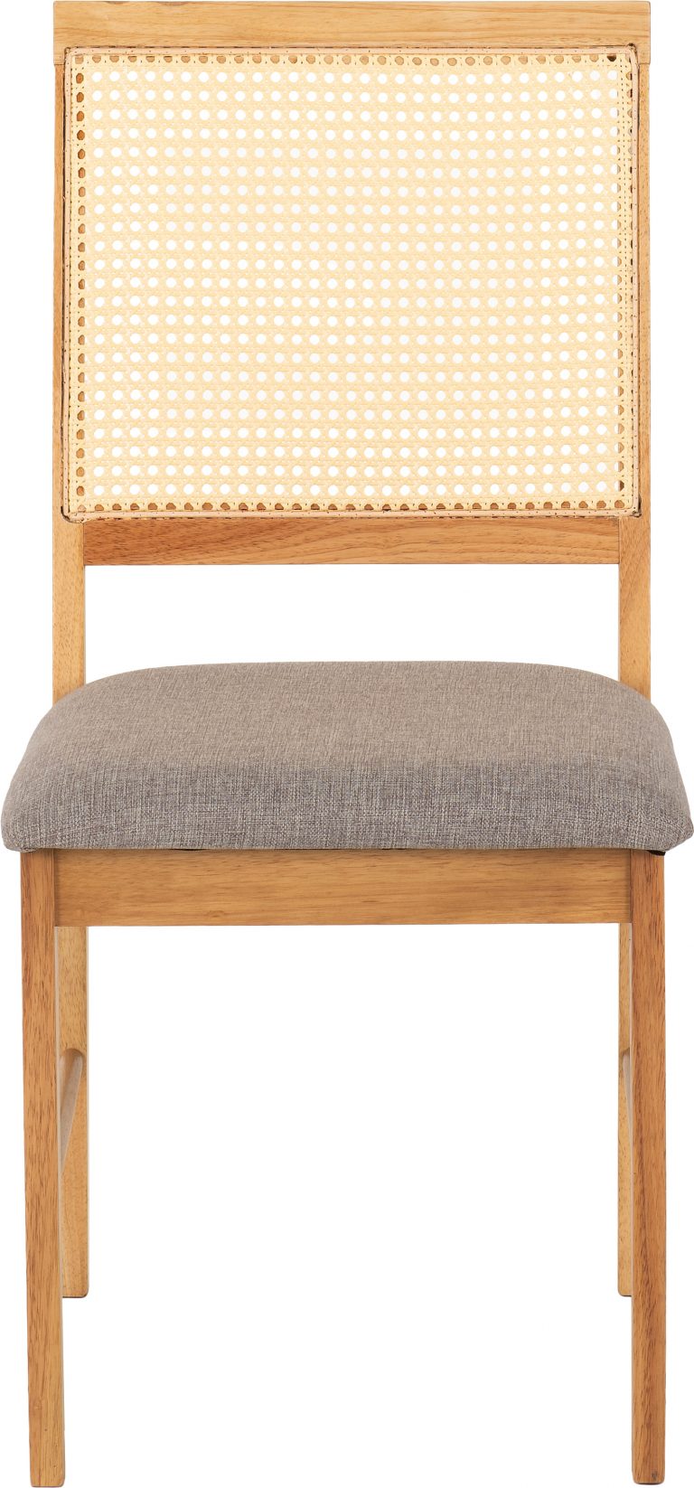 Ellis wooden chair with woven backrest and gray cushion on a white background