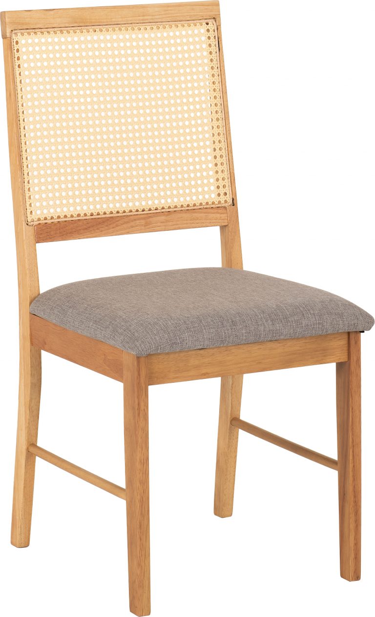 Ellis wooden chair with wicker backrest and gray cushion on a white background