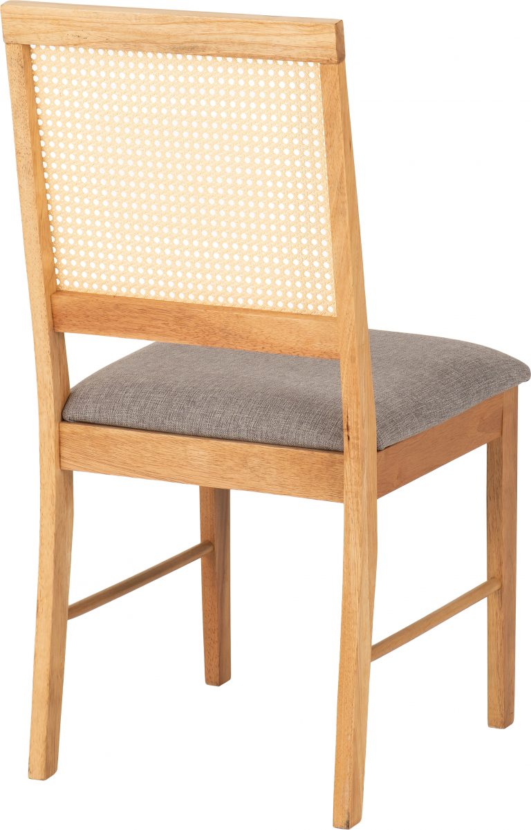 Ellis wooden chair with wicker backrest and gray cushion on a white background