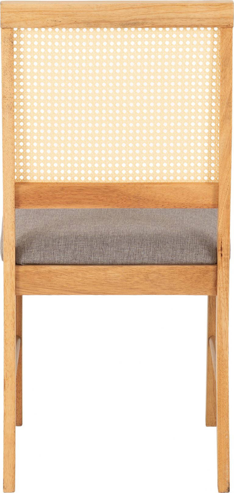 Ellis wooden chair with wicker backrest and gray cushion on a white background